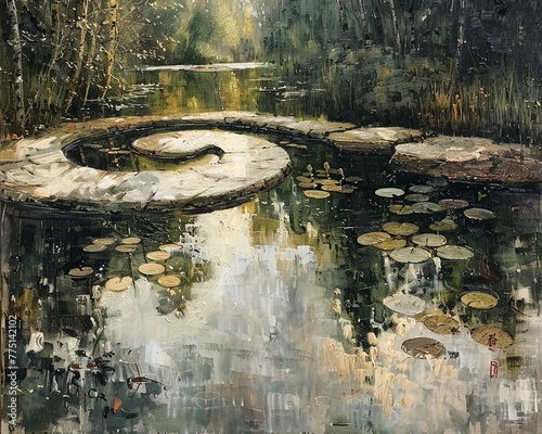 Taoist Yin Yang Symbol Painted on a Tranquil Pond The duality of shapes merges with water