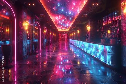 Neon-lit dance club with energetic music and lights