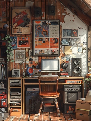 Nostalgic 80s bedroom with posters and retro gadgets