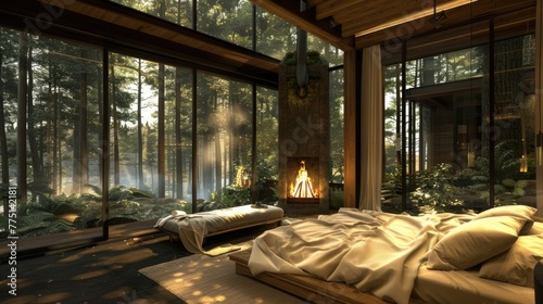 a luxury cabin bedroom nestled in the forest, featuring a pristine forest bed adorned with cream-colored blankets and pillows, framed by floor-to-ceiling windows offering glimpses of nature's beauty.