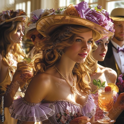 Picture the elegance and tradition of the Kentucky Derby, with spectators sipping mint juleps while adorned in extravagant hats photo