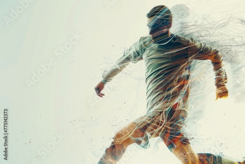 Double exposure of a Soccer player ready to kick the soccerball at the stadium. Generative AI