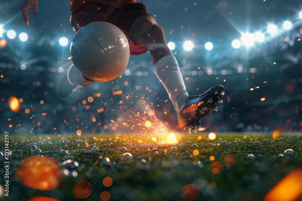 Soccer player in a fiery field at the football stadium. Generative AI - obrazy, fototapety, plakaty 
