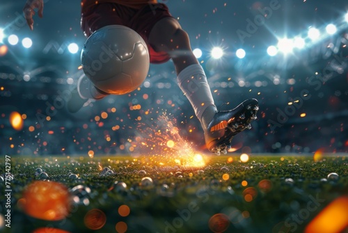 Soccer player in a fiery field at the football stadium. Generative AI photo