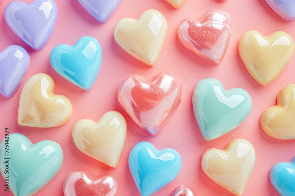Assorted colorful heart shaped candies on pink background, top view, flat lay concept