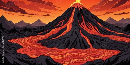 Clouds of volcanic ash, smoke and lava erupt from the mountain at sunset.