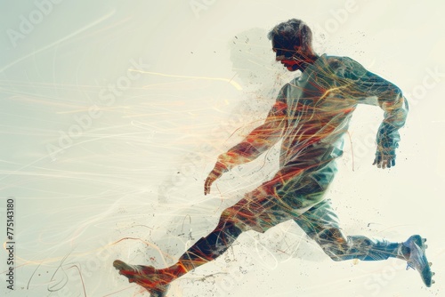 Double exposure of a Soccer player ready to kick the soccerball at the stadium. Generative AI