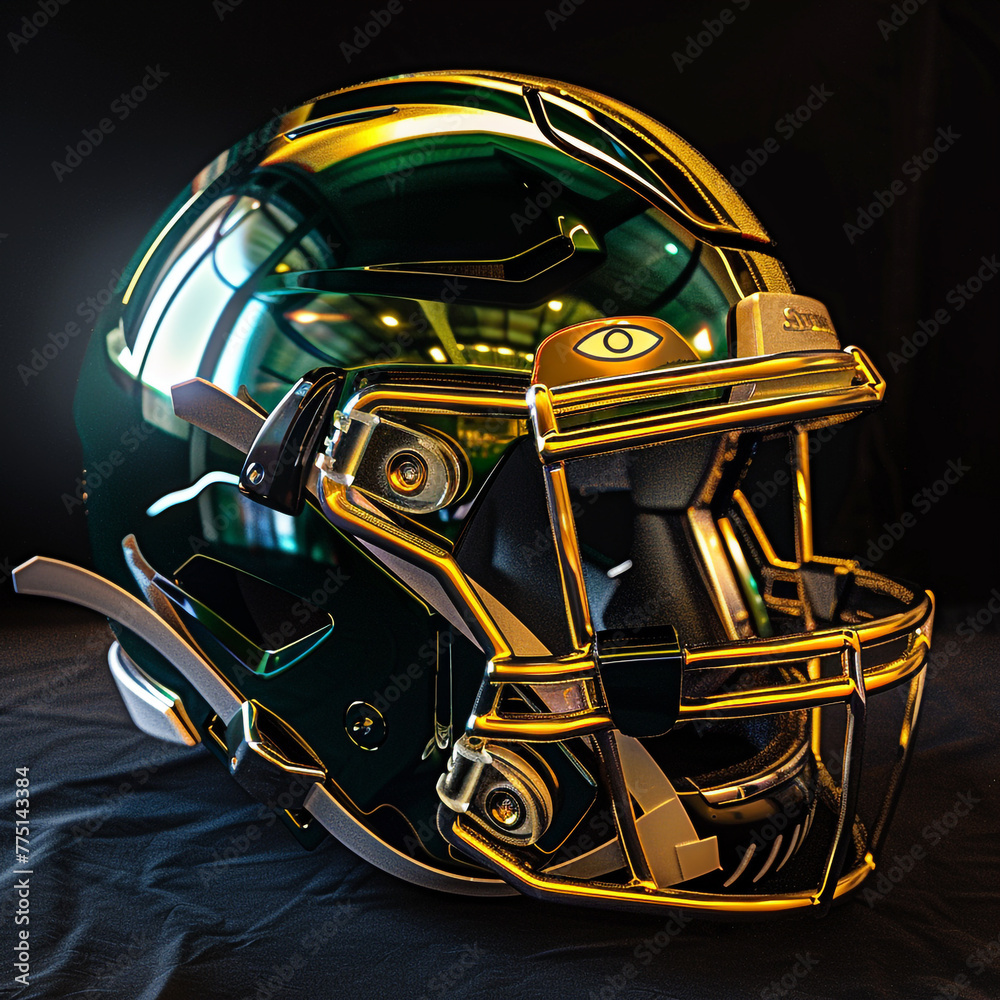 A football helmet with a gold and green color. The helmet is shiny and has a reflective surface A football helmet with a gold and green color. The helmet is shiny and has a reflective surface