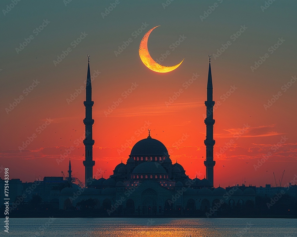 Islamic Crescent Moon Rising Over a Quiet Mosque The celestial symbol blends into the twilight