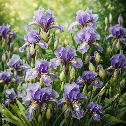 Natural Iris Flowers With Dreamy Green Foliage Background (ID: 775143523)