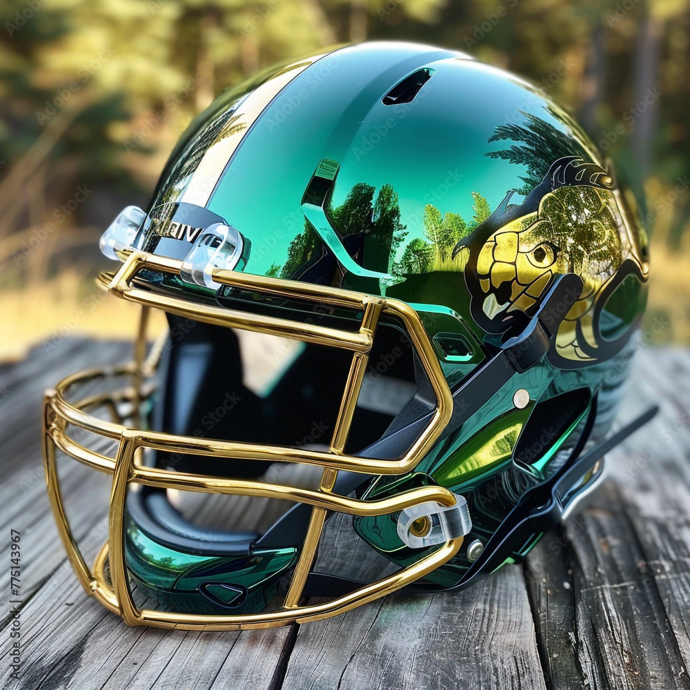 A football helmet with a gold and green color. The helmet is shiny and has a reflective surface - obrazy, fototapety, plakaty 