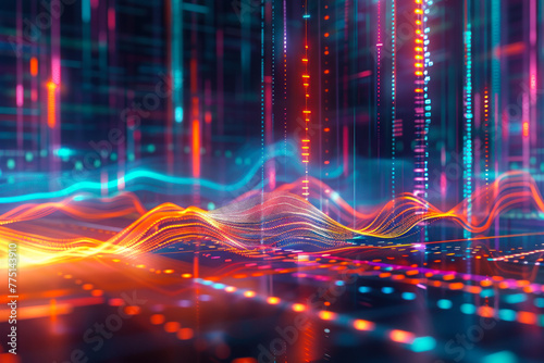 Abstract Digital Waves in Neon Light Visualization.