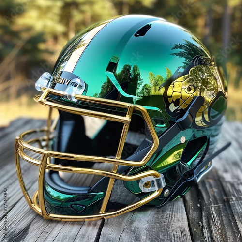 A football helmet with a gold and green color. The helmet is shiny and has a reflective surface photo