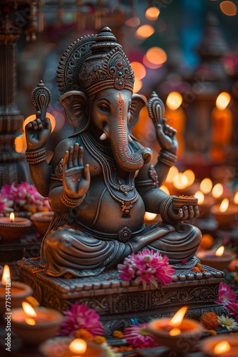Ganesha Idol Serenely Sitting Among Diwali Lights © Interior Stock Photo
