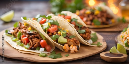Traditional mexican tacos with beef and vegetables on wooden background.