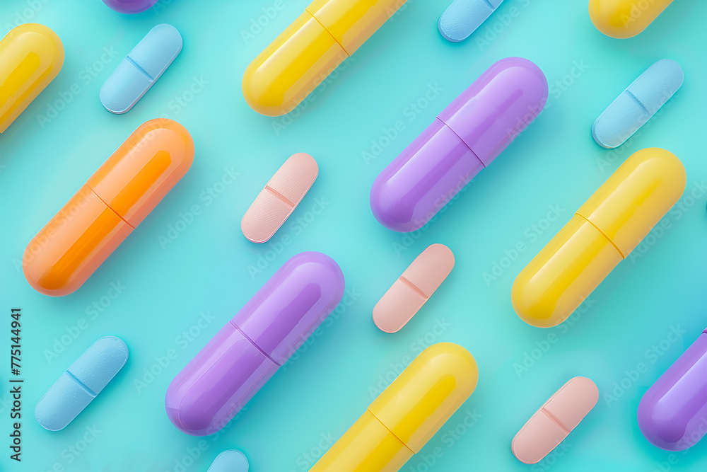 Colorful capsules on pastel blue background Colorful capsules on pastel blue background