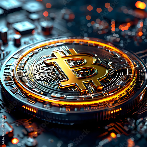 Close-up on a 3D Bitcoin coin on a circuit board, symbolizing the technological foundation of cryptocurrency and its role in the digital economy