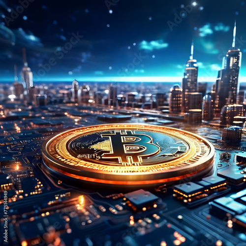 Close-up on a 3D Bitcoin coin on a circuit board, symbolizing the technological foundation of cryptocurrency and its role in the digital economy