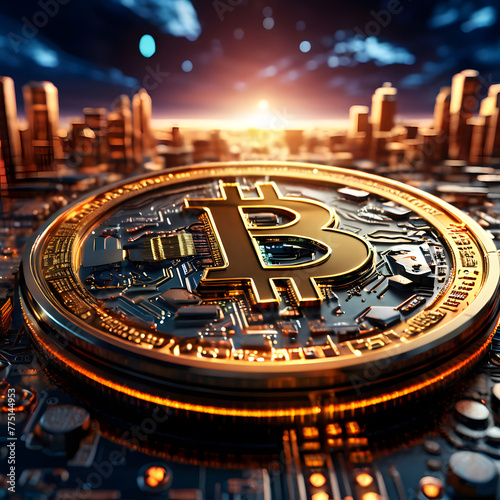Close-up on a 3D Bitcoin coin on a circuit board, symbolizing the technological foundation of cryptocurrency and its role in the digital economy