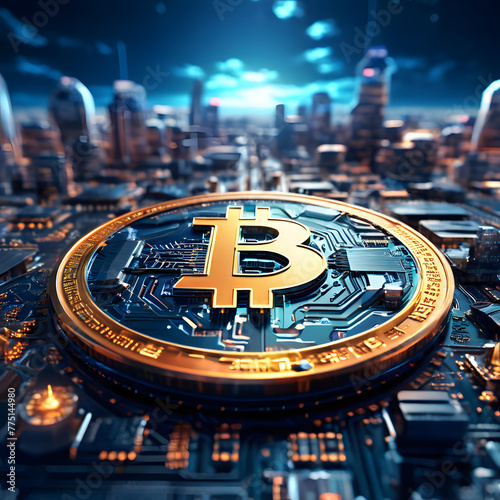 Close-up on a 3D Bitcoin coin on a circuit board, symbolizing the technological foundation of cryptocurrency and its role in the digital economy