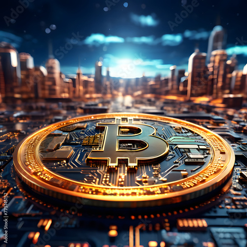 Close-up on a 3D Bitcoin coin on a circuit board, symbolizing the technological foundation of cryptocurrency and its role in the digital economy