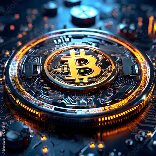 Close-up on a 3D Bitcoin coin on a circuit board, symbolizing the technological foundation of cryptocurrency and its role in the digital economy