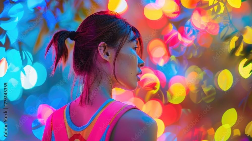 A woman stands against a backdrop of colorful bokeh lights