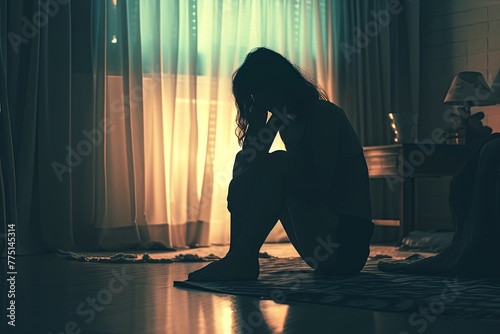 Lonely woman in silhouette sitting alone on bedroom floor, experiencing deep emotional pain and sadness.
