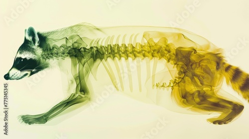 A raccoon skeleton is shown in a green and yellow color scheme