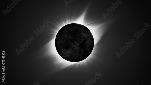 The total solar eclipse, seen from the ground, with black sky and an almost completely dark sun in front of it. The corona is visible around its edges.