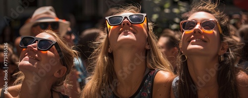 Women wearing black and orange solar eclipse glasses look up at the sky surrounded by other people