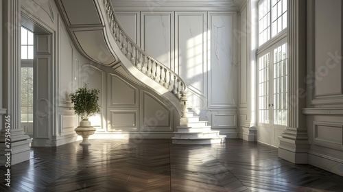 a stunning depiction of a dark walnut floor contrasting against pale off-white plaster walls, leading to a majestic grey limestone staircase.