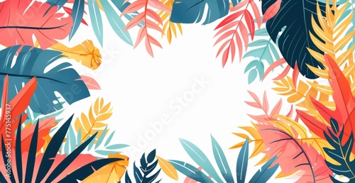 background with colorful tropical leaves around the edges and empty space in the center bright colors  simple shapes Generative AI