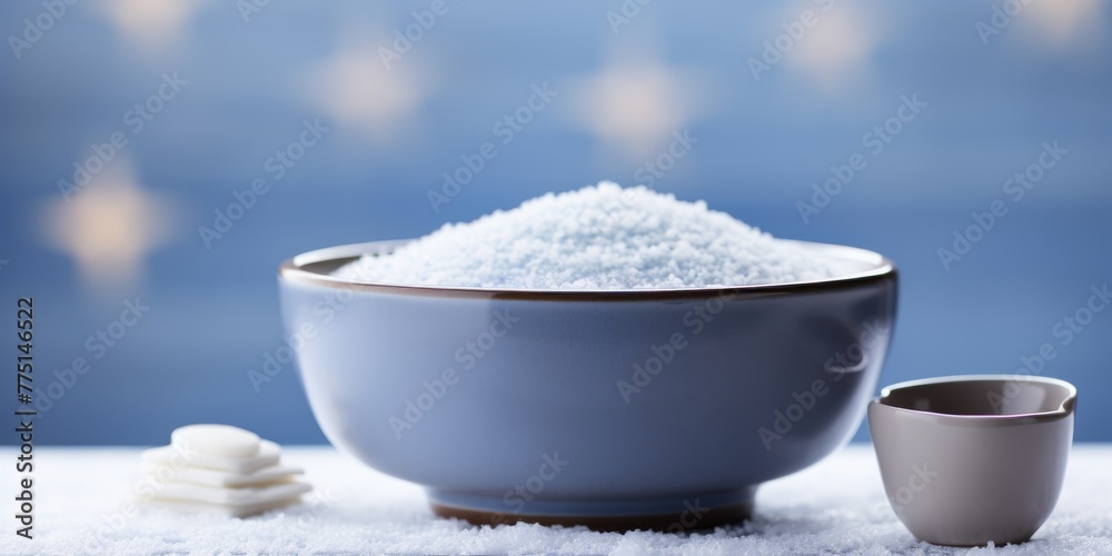 A bowl of blue matcha powder on a white cloth, next to it stands a cup for brewing tea. A bowl of blue matcha powder on a white cloth, next to it stands a cup for brewing tea.