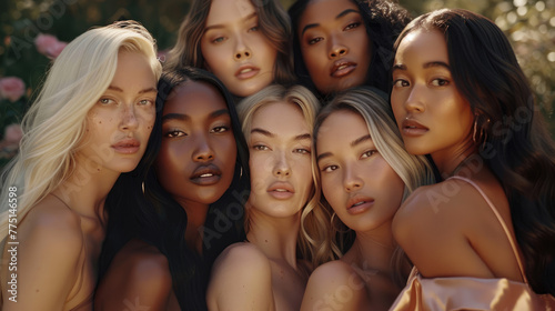 A high-end beauty campaign featuring five models of different ethnicities and skin tones, all wearing the same beige tank top in various styles