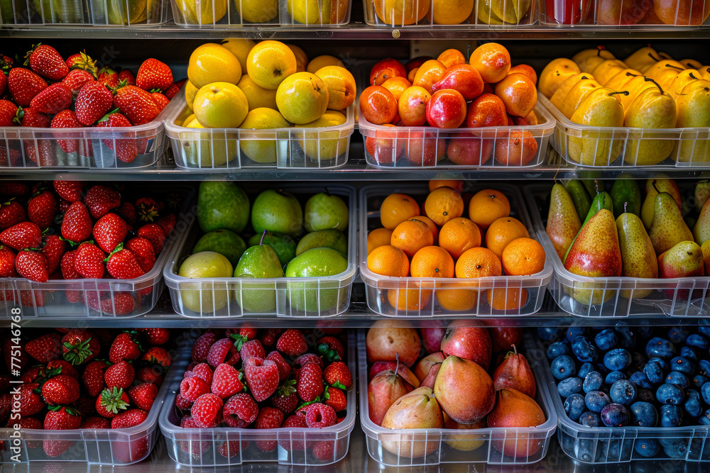 Assorted Fresh Fruits in Market Display Containers. Assorted Fresh Fruits in Market Display Containers.