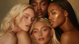A high-end beauty campaign featuring five models of different ethnicities and skin tones, all wearing the same beige tank top in various styles