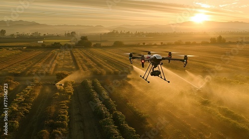 a camera mounted on a drone captures aerial footage of the drone flying over farmland, spraying pesticides while multiple sprinklers irrigate the fields below.