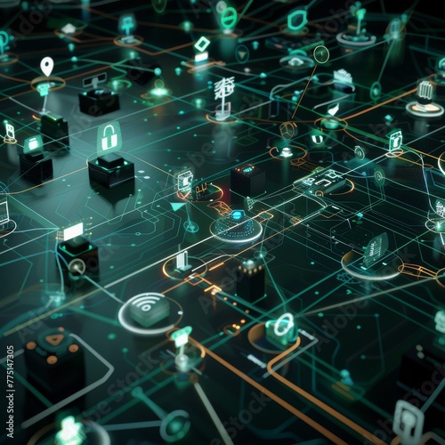 Internet of Things IoT security, depicting a network of connected devices with endtoend encryption hyper realistic photo