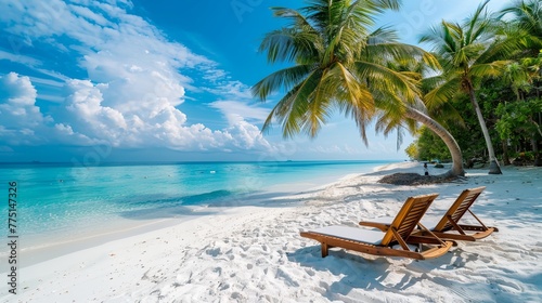 a beach with two lounge chairs and a palm tree on it and a blue sky with clouds in the background