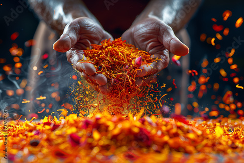A chef's fingers delicately pinching a saffron thread, emphasizing the preciousness of this exotic spice. Concept of culinary luxury and refinement. Generative Ai. photo