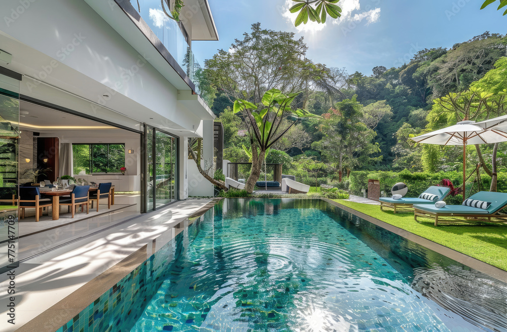 A photo of the pool and garden in front, taken from inside an ultraluxury bungalow villa with white walls in Phuket Thailand, shows a beautiful lush green yard with some trees