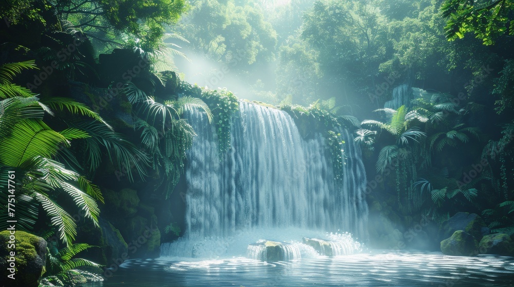 Vivid jungle waterfall in high definition  lush greenery, misty water, long exposure photography - obrazy, fototapety, plakaty 