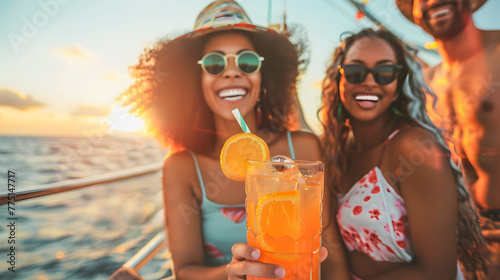 Multiracial millennial people having fun on boat party with cocktail- Luxury summer vacation - Models by AI generative