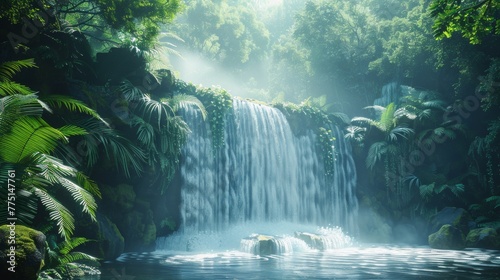 Vivid jungle waterfall in high definition lush greenery, misty water, long exposure photography