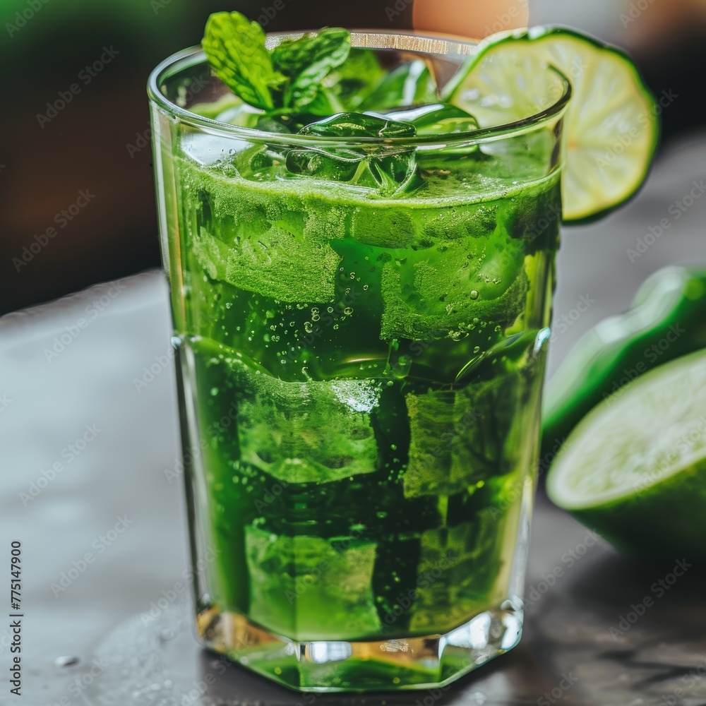 green matcha smoothie garnished with mint leaves.
Concept: healthy lifestyle and nutrition, advertising of cafes and bars with organic cuisine, articles about superfoods. green matcha smoothie garnished with mint leaves.
Concept: healthy lifestyle and nutrition, advertising of cafes and bars with organic cuisine, articles about superfoods.