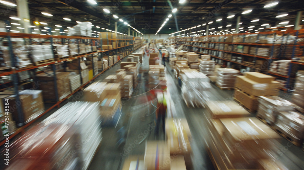 High-tech warehouse, close up shot, with a high level of electronics, equipped to store and sort goods in motion blur