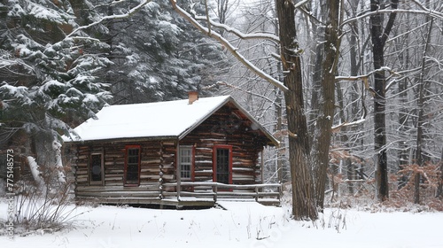 a log cabin in the woods with snow on the ground and trees around it