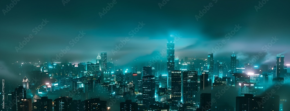 a cityscape with a lot of tall buildings at night time with lights on them - obrazy, fototapety, plakaty 