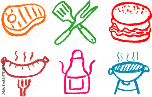 Barbecue BBQ Related Icons Chalk Crayon Drawing